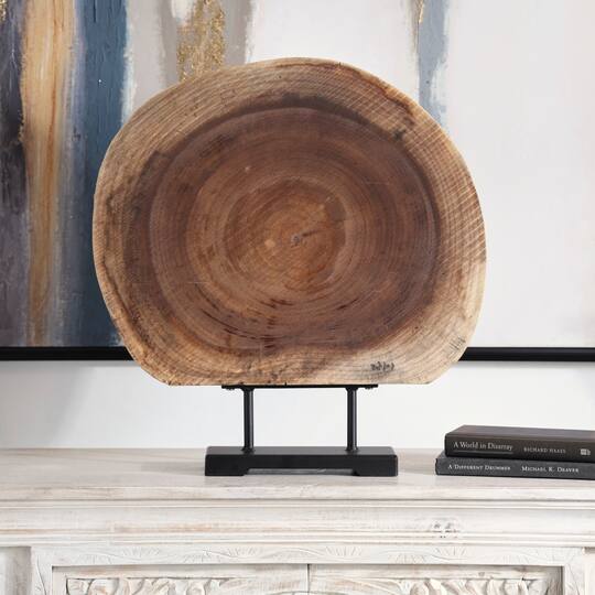 23" Brown Wood Handmade Circular Slab Sculpture
